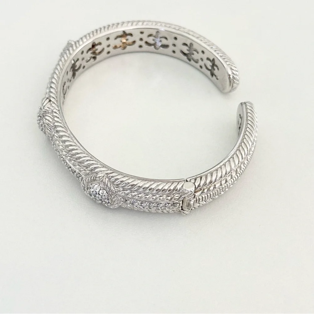 Judith Ripka Clear CZ Triple Heart Diamonique Heavy Silver Cuff Bracelet